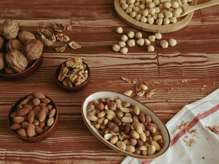 A table displaying a variety of nuts, including different types of nuts