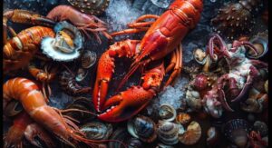 Fresh lobster and assorted seafood displayed on a bed of ice, showcasing a variety of ocean delicacies
