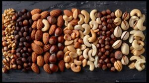  A colorful assortment of nuts and seeds neatly arranged in a row on a wooden surface